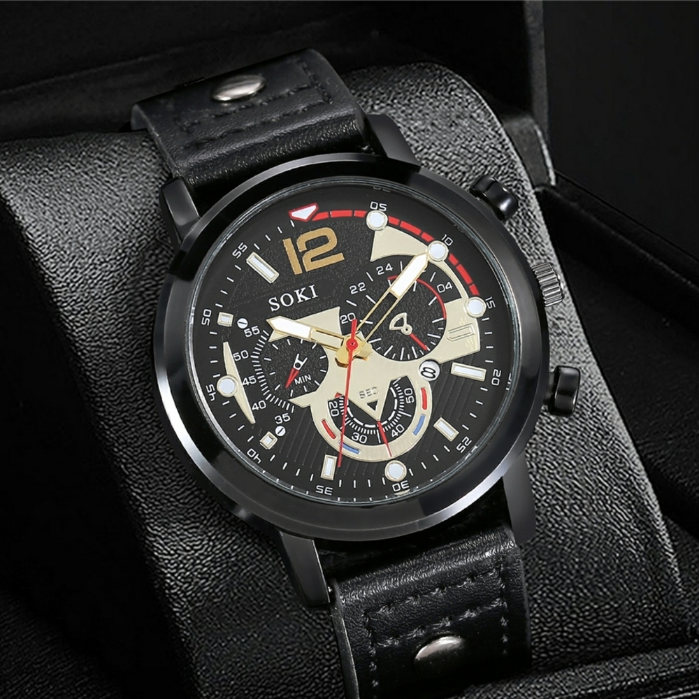 Mens Bracelet Watch Set Fashion Pu Strap Calendar Sports Quartz - Picture 4 of 4